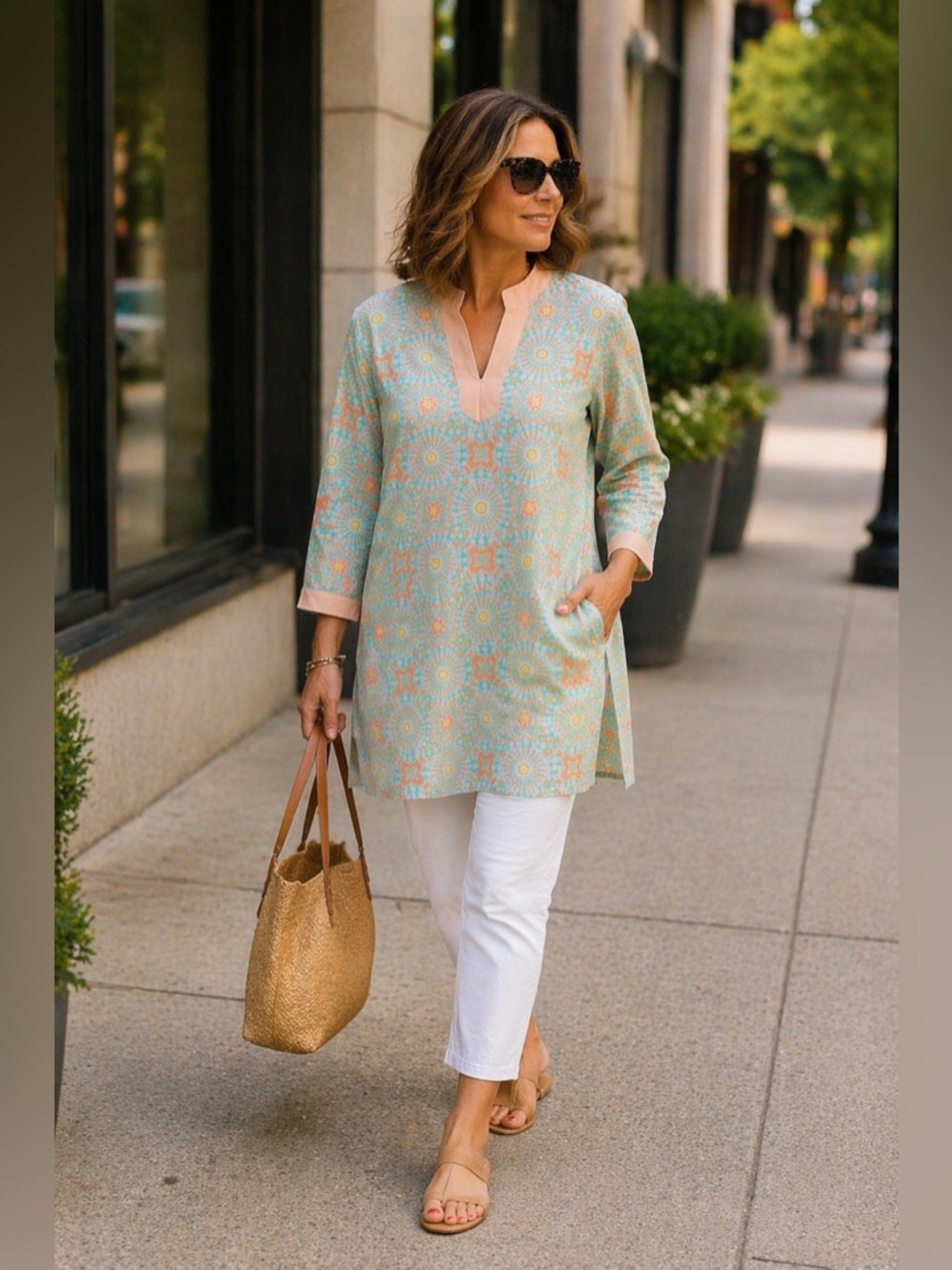 FOXCROFT Women's Aqua Peach Linen Print Relaxed Tunic Top 16W